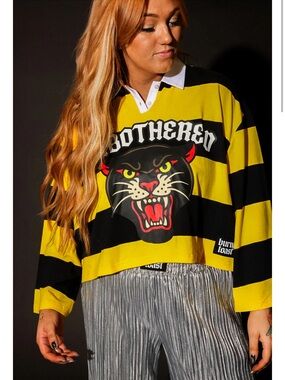 Burnt Toast Yellow & Black Striped Rugby Top with Panther Graphic
